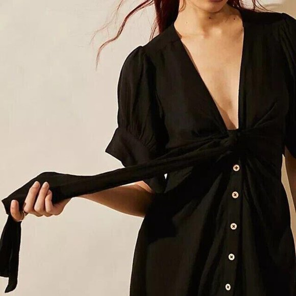 Free People Free-est Vintage Summer Midi Dress Buttondown Black Ruched - Picture 4 of 9